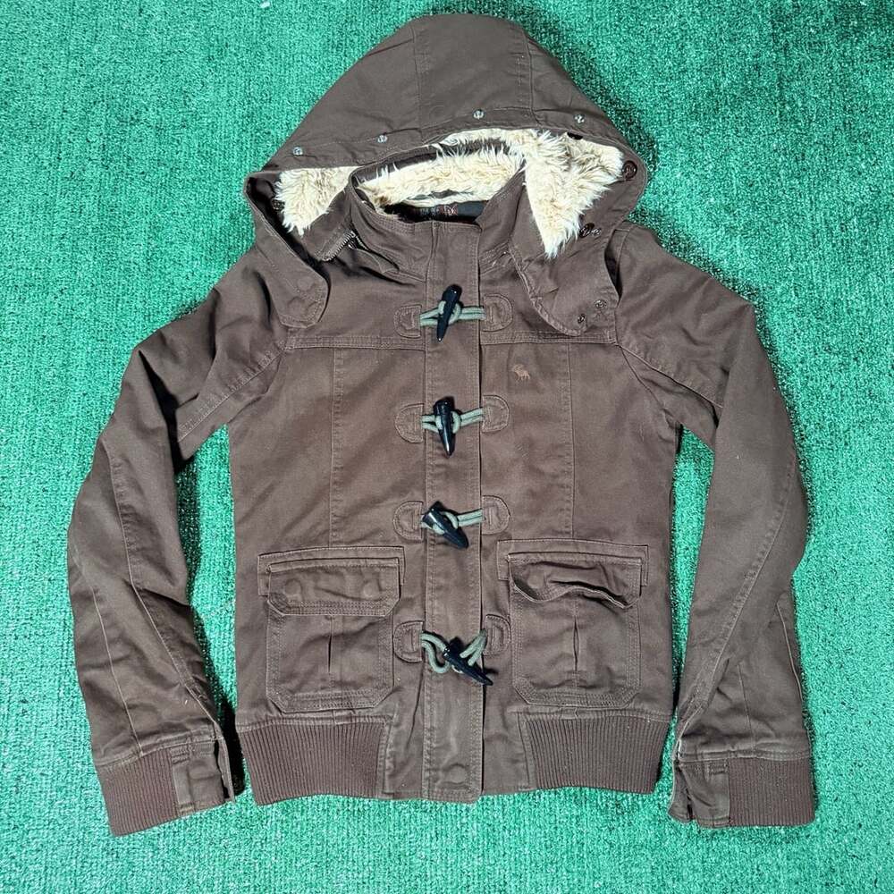 Y2K Womens Abercrombie & Fitch Canvas Toggle Hooded Winter Coat Parka Fur Small